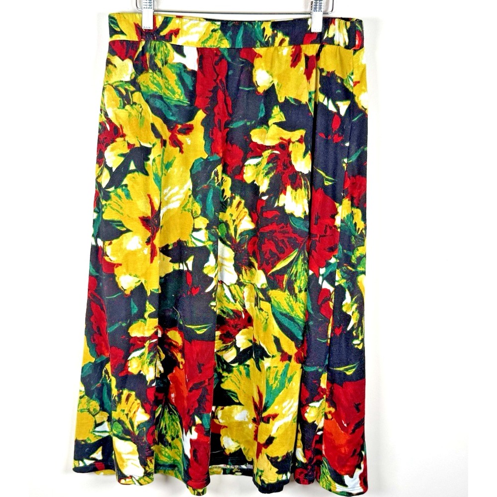 Vintage Midi Sweater Skirt Tropical‎ Floral Yellow Red Stretch Womens 14W 16W